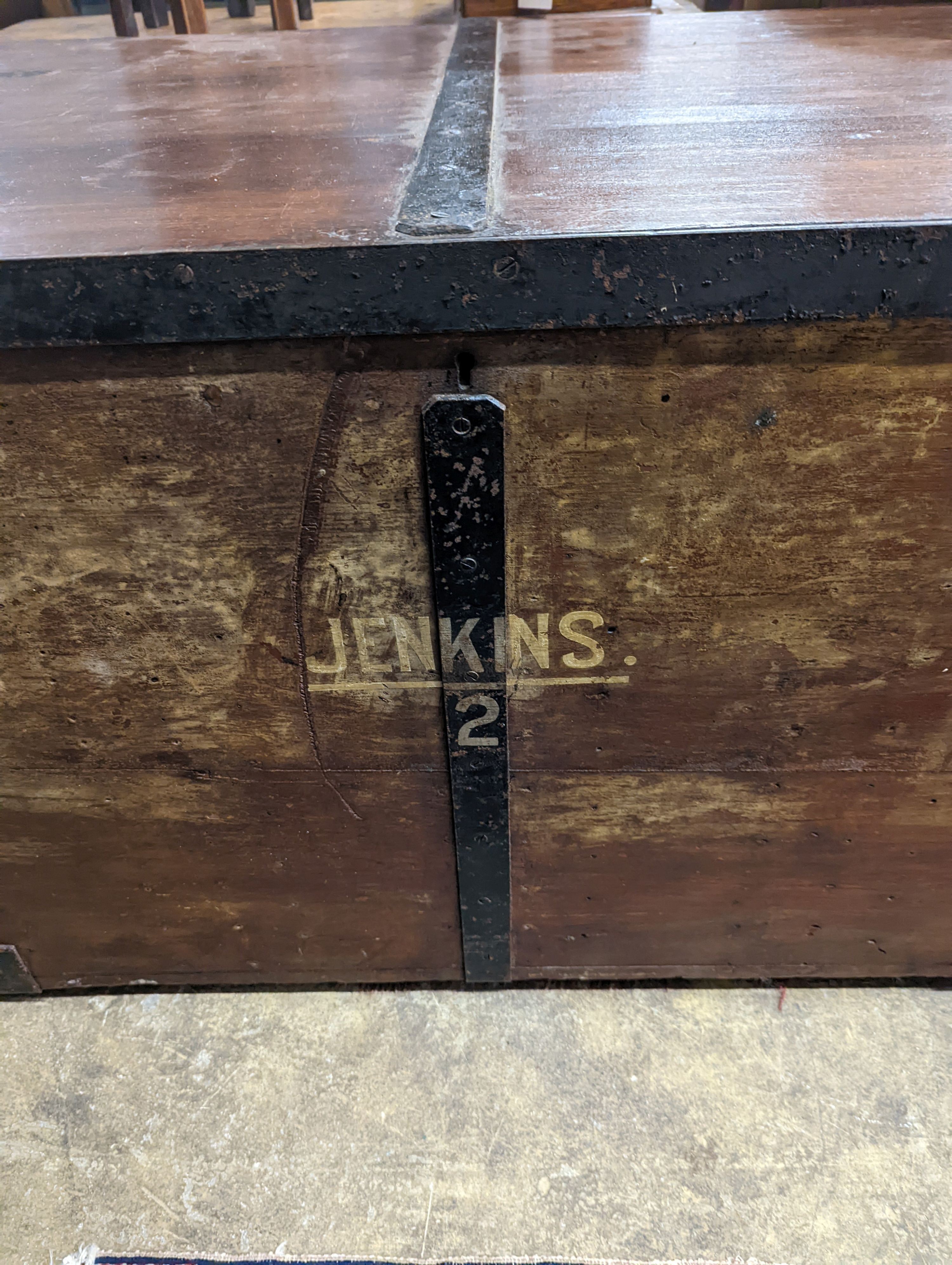 A Victorian iron bound teak trunk with zinc lined interior, width 110cm, depth 67cm, height 61cm